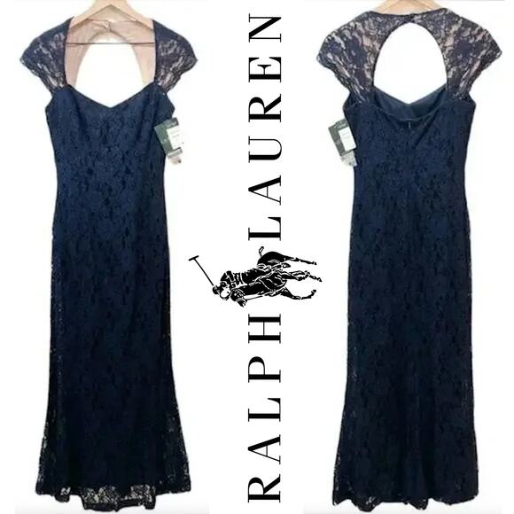 $398 RALPH LAUREN Lace & Floral Print Navy Blue Dress Gown – Size 8 / Medium - Picture 1 of 10